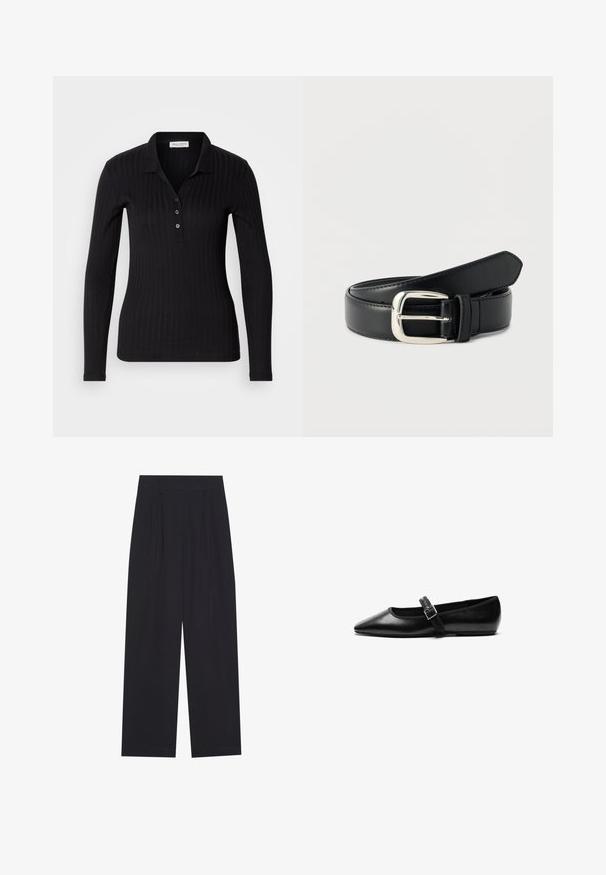 Camisa polo negra de manga larga, confeccionada en tejido acanalado, con cuello tipo solapa, cierre de tres botones y un diseño ajustado.; Pantalones anchos negros de tela suave, con pliegues, cinturilla plana y sin bolsillos ni adornos visibles.; Zapato plano negro de cuero con punta afilada, correa ajustable con hebilla de metal, textura suave y diseño minimalista.; Cinturón de cuero negro con hebilla rectangular plateada, enrollado y descansando sobre una superficie blanca.