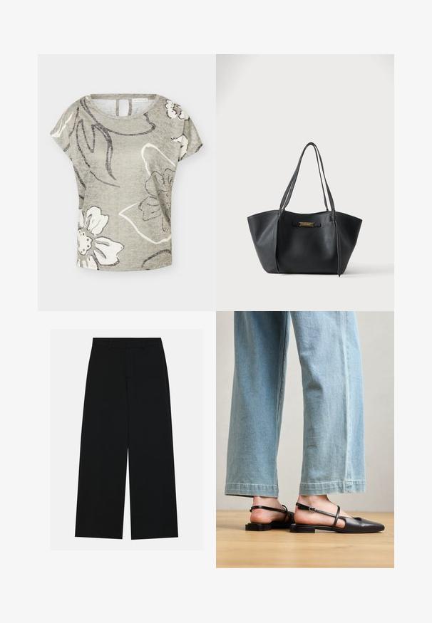 Top de manga corta gris claro con un gran estampado floral blanco y gris oscuro y escote redondo, detalle de abertura en la espalda.; Pantalones negros de pierna ancha hechos de una tela suave. Presentan una cintura plana con pasadores de cinturón y sin bolsillos visibles. Diseño sencillo.; Zapatos slingback de cuero negro con punta afilada, tacón plano y tira en el tobillo; llevados con jeans de pierna ancha en azul claro.; Bolso tote de cuero negro con doble asa para el hombro y una pequeña placa de marca en tono dorado en el centro frontal.