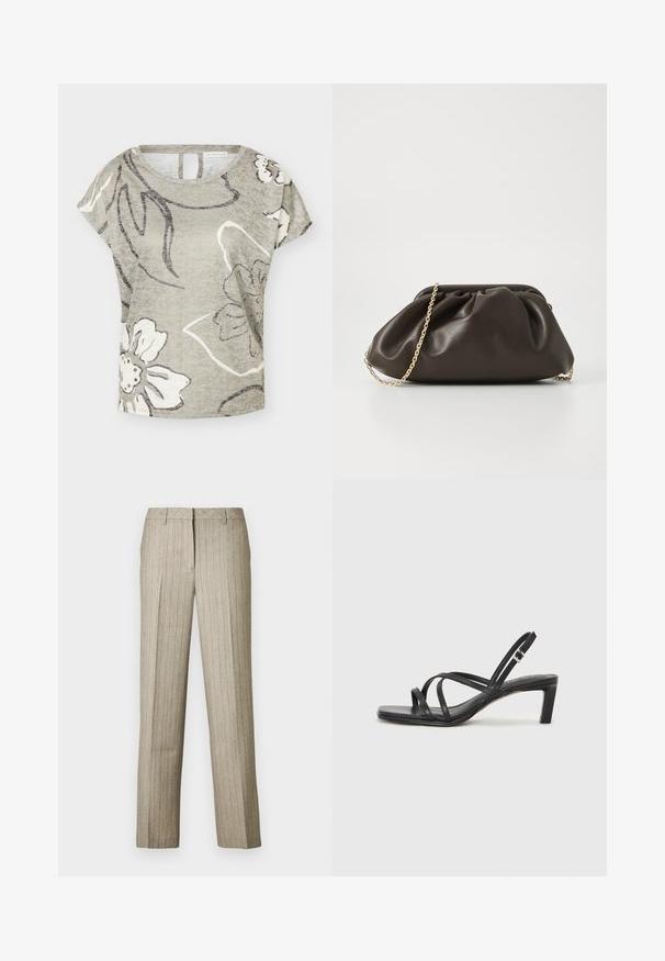 Hellgraues Kurzarmshirt mit großem weißem und dunkelgrauem Blumenmuster und rundem Ausschnitt, Schlüsselloch-Detail am Rücken.; Beige Nadelstreifenhose mit geradem Bein, ausgestattet mit einem strukturierten Bund und feiner Struktur im gesamten Stoff.; Schwarze Sandale mit Riemchen, quadratischer Zehenform und niedrigem Blockabsatz. Verfügt über mehrere dünne Riemen und einen verstellbaren Knöchelriemen. Hergestellt aus glattem Leder.; Braune Lederhandtasche mit gerafftem Design, goldenen Kettenriemen und weicher, strukturierter Oberfläche. Kompakte Form, die sich für den abendlichen Gebrauch eignet.