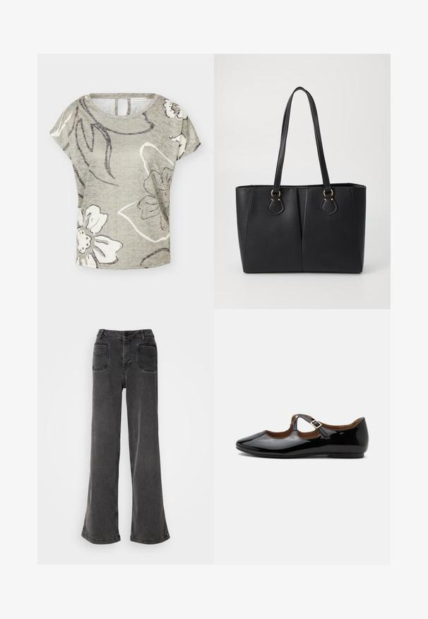 Top de manga corta gris claro con un gran estampado floral blanco y gris oscuro y escote redondo, detalle de abertura en la espalda.; Jeans negros de tiro alto y pierna ancha, hechos de denim, con cierre de botones, presillas para cinturón y dos bolsillos traseros con detalles de costura.; Zapato plano Mary Jane de charol negro con dos recortes y una correa con hebilla dorada sobre fondo blanco.; Bolso tote de cuero sintético negro con un acabado texturizado, dos asas largas y detalles en tono dorado en el lateral. Forma rectangular.