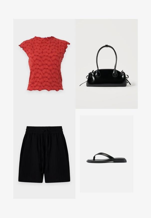 Haut rouge en tissu texturé avec un motif ondulé et des manches courtes. L'ourlet festonné ajoute du détail, enrichissant son design unique.; Shorts noirs en tissu léger avec une ceinture à cordon de serrage, comportant des poches latérales et une surface texturée.; Sandale noire plate en forme de tongs avec une bride texturée et un talon légèrement surélevé, montrée en profil latéral sur un fond clair uni.; Petit sac à main noir brillant avec deux longues anses et des détails à cordon sur les côtés sur un fond clair uni.