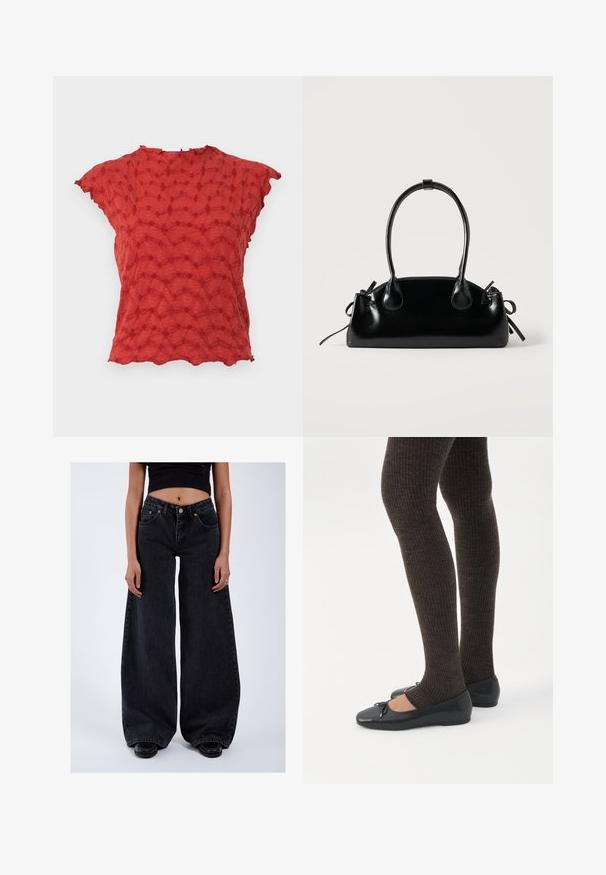 Rode top van gemarmerde stof met een golvende print en kapmouwen. Het gegolfde zoom voegt detail toe en benadrukt het unieke ontwerp.; Vrouw die hoge taille, brede zwarte jeans draagt, zwart cropped top, zwarte schoenen en een ring aan haar rechterhand, staand op een witte achtergrond.; Benen met donkere geribbelde leggings gecombineerd met zwarte ballerina's met kleine strikdetails op een witte achtergrond.; Kleine zwarte glanzende handtas met twee lange hengsels en zijkant trekkoord details op een effen lichte achtergrond.