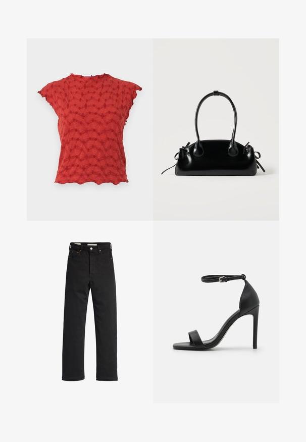 Rotes Oberteil aus strukturiertem Stoff mit einem wellenförmigen Muster und kurzen Ärmeln. Der gewellte Saum sorgt für zusätzliche Details und betont das einzigartige Design.; Schwarze Denim-Jeans mit geradem Bein, hoher Taille, fünf Taschen, Metallknopfverschluss und minimalen Stitching-Details.; Schwarze hochhackige Sandale mit elegantem Design, featuring einem Knöchelriemen, offener Zehenpartie und glattem Lederfinish.; Kleine schwarze glänzende Handtasche mit zwei langen Griffen und seitlichen Kordelzug-Details vor einfachem hellem Hintergrund.