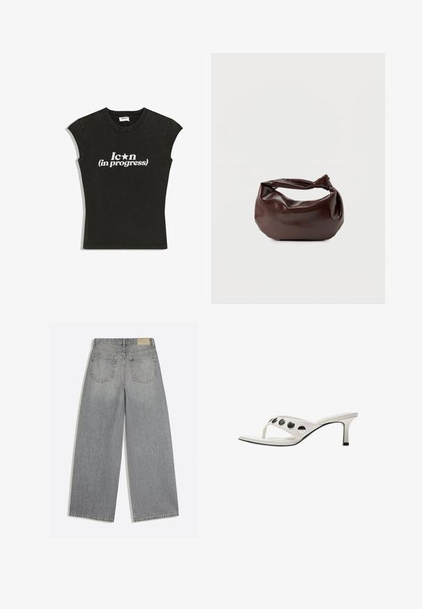 T-shirt noir ajusté sans manches avec texte blanc "Icon (in progress)" et un symbole étoile remplaçant la lettre "o" dans "Icon".; Jean en denim gris à jambes larges montrant l'arrière avec deux poches et des passants de ceinture, posé à plat sur fond blanc.; Sandale à talon blanche de style tongs avec un talon fin de hauteur moyenne et quatre gros clous ronds noirs sur la bride.; Sac bandoulière en cuir marron foncé avec une forme souple et décontractée et une anse nouée torsadée sur un fond blanc uni.