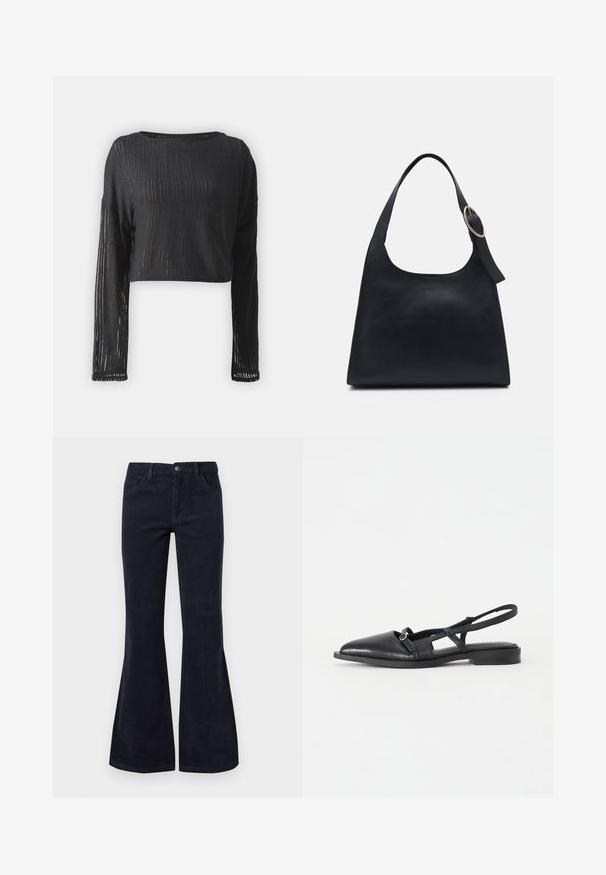 Čierny cropped top vyrobený z rebrovanej, priehľadnej tkaniny s dlhými rukávmi a okrúhlym výstrihom, so zvislými pruhmi pre zvýšenú textúru.; Zúžené tmavomodré manšestrové nohavice majú vysoký pás, päť vreciek a zapínanie na gombík, s jemnou štruktúrou a ryhovaným povrchom.; Čierne kožené sandále so zúženou špičkou, nízkym podpätkom, vyrezávaným dizajnom a dekoratívnym kruhovým prackovým detailom.; Čierna kožená taška cez rameno s hladkou textúrou, okrúhlym telom a jedným ramenným popruhom zdobeným okrúhlou zlatou kovovou dekoráciou.