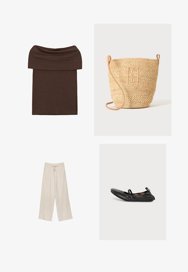 Jupe ajustée marron à épaules dénudées avec une large ceinture pliée, en tissu doux et extensible.; Pantalons larges en lin beige, avec une taille à cordon, deux poches latérales et un tissu légèrement texturé pour une meilleure respiration et un confort optimal.; Chaussure plate en cuir noir avec bout rond, lanière élastique sur le dessus et petit détail de boucle au talon, vue de profil sur fond blanc.; Sac seau en paille tressée avec motif texturé et bandoulière en cuir, présenté debout sur un fond clair uni.