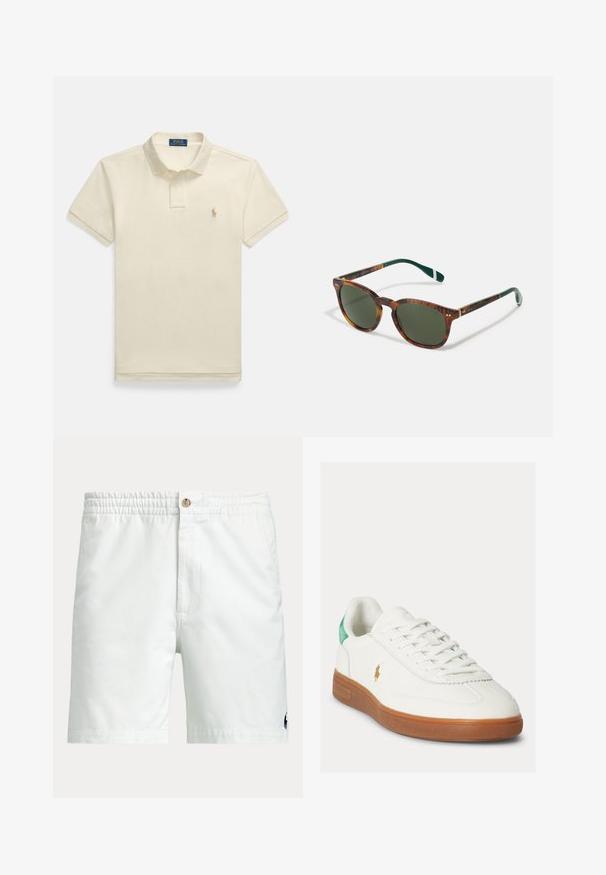 Polo beige de manga corta, con cuello abotonado y un pequeño logo bordado en el lado izquierdo del pecho. Material de algodón texturizado.; Pantalones cortos blancos para hombre con cinturilla elástica, cierre de botón, bolsillos laterales y pequeño logo oscuro cerca del dobladillo inferior en una pierna.; Zapatilla blanca con cordones, suela de goma marrón, lengüeta verde en el talón y pequeño logo dorado de jugador de polo en el lado exterior.; Gafas de sol de carey con lentes verdes, forma redondeada, acentos dorados y brazos verde oscuro con una franja blanca.