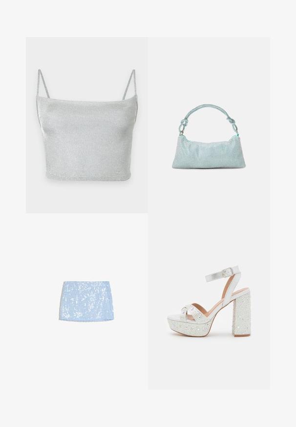 Crop top court en maille métallique argentée avec fines bretelles ajustables. Coupe ajustée et texture lisse. Aucun motif ni détail métallique visible.; Mini-jupe bleu clair couverte de sequins brillants avec un ourlet droit, présentée sur un fond blanc.; Sandales à plateforme blanches avec une finition métallique, présentant deux brides croisées, une bride de cheville et un talon carré orné de gemmes scintillantes.; Mascara Pochette - mint