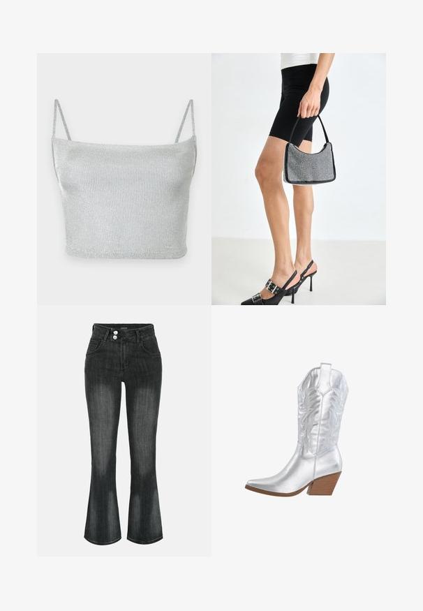 Zilverkleurige metallic gebreide crop top met dunne verstelbare bandjes. Strak model en gladde textuur. Geen patronen of zichtbare hardware details.; Zwart gewassen denim jeans met hoge taille, dubbele knoopsluiting, voorzakken en licht uitlopende pijpen.; Zilveren cowboylaars met puntige neus, gegraveerd bloemmotief en een gestapelde houten hak. Gladde metallic afwerking en hoge schacht.; Zwarte beaded handtas met een gebogen silhouet, draaghandvat en glanzende textuur. Draagt bij hoge zwarte hakken en strakke zwarte shorts.