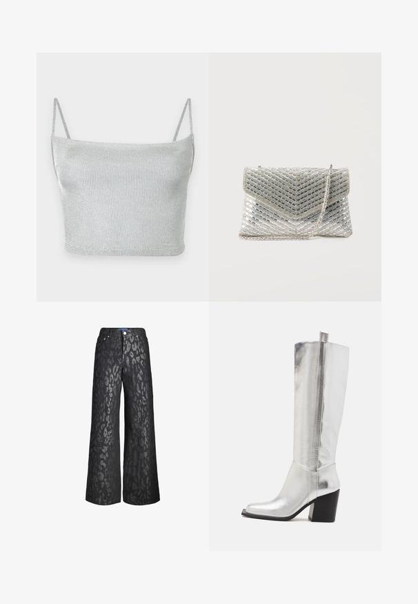 Strieborný metalický pletený crop top s tenkými nastaviteľnými ramienkami. Priliehavý strih a hladká textúra. Žiadne vzory ani viditeľné kovové detaily.; Čierne široké nohavice s potlačou zvierat v rôznych odtieňoch šedej. Vyrobené z denimu, s piatimi vreckami a predným zapínaním na gombík.; Strieborné kožené čižmy po kolená so štvorcovou špičkou, zvýraznené lesklým kovovým povrchom a robustným čiernym blokovým opätkom.; Strieborná kabelka na popolnoc s diagonálnymi vzormi z brúsených kamienkov a strieborným reťazovým remienkom na jednoduchom bielom pozadí.