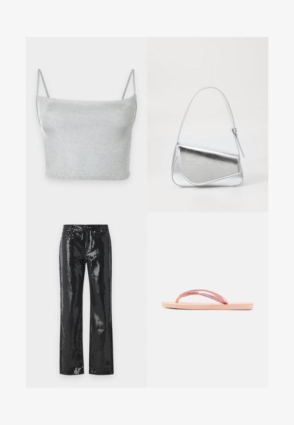 Sølvmetallic strikket cropped top med tynde justerbare stropper. Tætsiddende design og glat tekstur. Ingen mønstre eller synlige hardware-detaljer.; Sorte pailletbukser med et tætsiddende design og en flagrende benform. Stoffet har en skinnende tekstur med et mønster af små, reflekterende skiver.; Lyserød flip-flop med en glitrende rem, tekstureret gummisål og enkelt fladt design. Der er detaljer som et skinnende forbindelsesstykke.; Sølvmetallic håndtaske med en trekantet form, glat overflade og en tynd, justerbar skulderrem. Har et fold-over design med syninger.