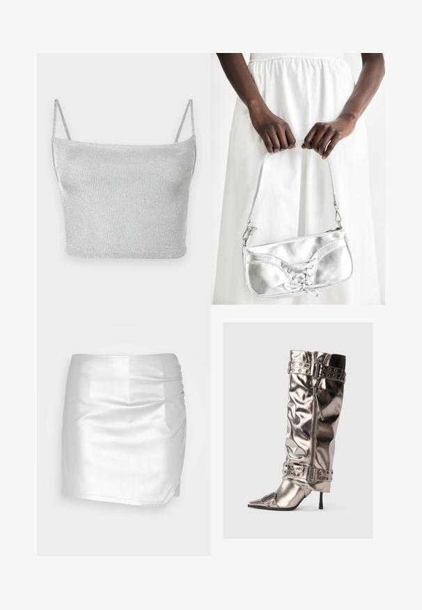 Crop top court en maille métallique argentée avec fines bretelles ajustables. Coupe ajustée et texture lisse. Aucun motif ni détail métallique visible.; Even&Odd Short - silver; Botte métallique jusqu'au genou avec un talon stiletto mince, une pointe pointue, une fermeture éclair et des sangles à boucle cloutée. Présente une texture froncée.; Sac à main en métal argenté avec un détail à lacets, arborant un design épuré et une courte sangle. Le sac est tenu dans les mains, mettant en valeur sa texture.