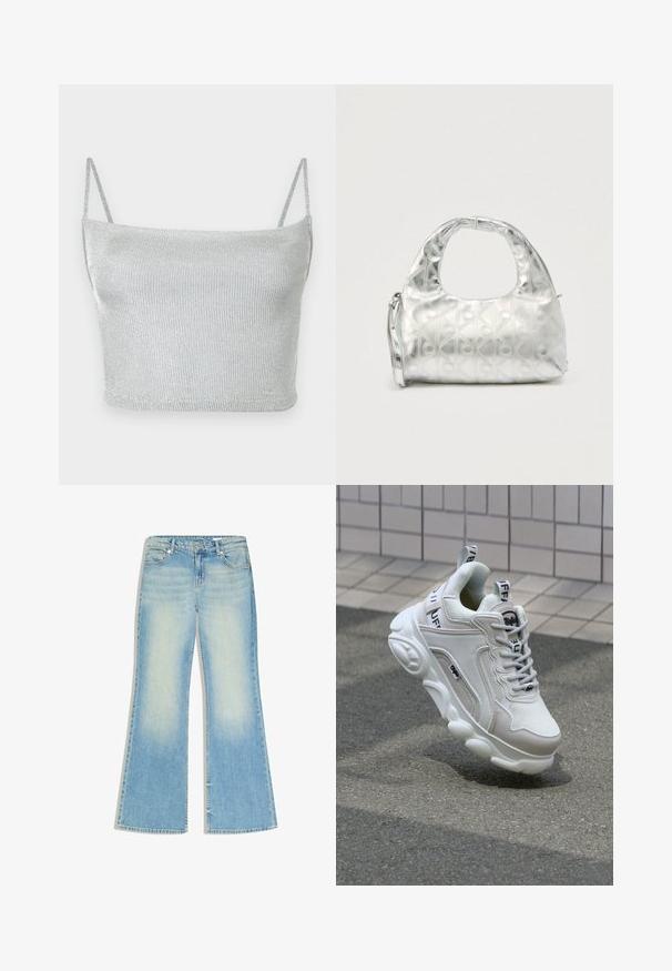Zilverkleurige metallic gebreide crop top met dunne verstelbare bandjes. Strak model en gladde textuur. Geen patronen of zichtbare hardware details.; Lichtblauwe high-waist jeans met wijde pijpen, voor- en achterzakken, knoop- en ritssluiting, en een vervaagde wassing op de dijen.; Witte sneaker van mesh en leer, met een ronde neus, dikke zool, opvallende veters en merklogo op de hak en tong.; Zilveren handtas met een gestructureerd patroon van geometrische vormen en cirkels, voorzien van een afgeronde handgreep en een afneembare riem.