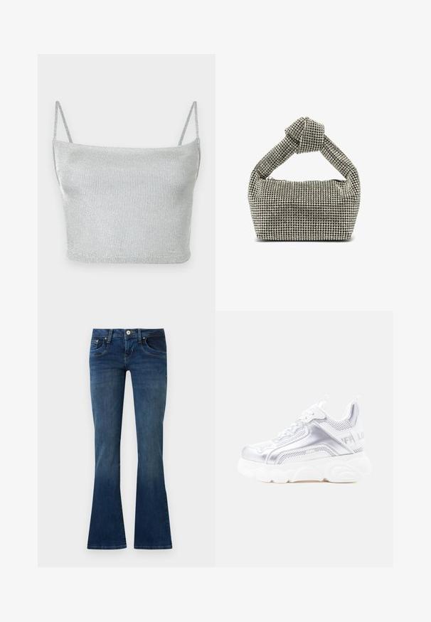 Crop top court en maille métallique argentée avec fines bretelles ajustables. Coupe ajustée et texture lisse. Aucun motif ni détail métallique visible.; Jean bootcut en denim bleu avec poches avant et fermeture par bouton, présenté sur un fond gris clair uni.; Baskets épaisses blanches et argentées avec une semelle texturée épaisse, des panneaux en mesh et synthétiques, un bout arrondi et une languette à l'arrière.; Sac à main argenté orné d'une poignée supérieure nouée, de forme rectangulaire, recouvert de petits strass ronds, texture lisse.
