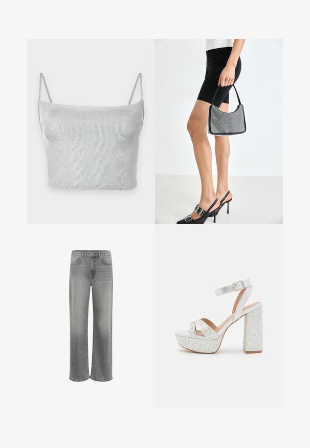 Zilverkleurige metallic gebreide crop top met dunne verstelbare bandjes. Strak model en gladde textuur. Geen patronen of zichtbare hardware details.; Grijze denim wijdvallende jeans met een hoge taille, vijf zakken, een sluiting met een knoop aan de voorkant en subtiele vervaging op de stof.; Witte plateausandalen met een metallic afwerking, voorzien van twee gekruiste banden, een enkelband en een blokhak versierd met fonkelende edelstenen.; Zwarte beaded handtas met een gebogen silhouet, draaghandvat en glanzende textuur. Draagt bij hoge zwarte hakken en strakke zwarte shorts.