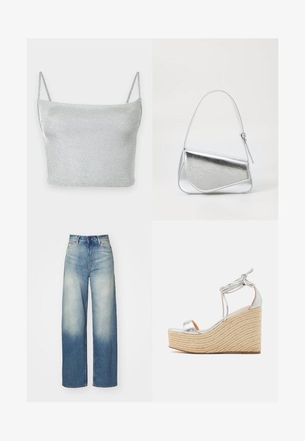 Strieborný metalický pletený crop top s tenkými nastaviteľnými ramienkami. Priliehavý strih a hladká textúra. Žiadne vzory ani viditeľné kovové detaily.; Svetlomodré džínsy s širokými nohavicami a vysokým pásom, vyrobené z denimu, so starým gradientom, piatimi vreckami a kovovými doplnkami.; Strieborné metalické wedges sandále s jútovou rohovou platformou, s tenkým remienkom na členku a širokým pásikom na prstoch pre lepšiu podporu.; Strieborná kovová kabelka s trojuholníkovým tvarom, hladkým povrchom a tenkým, nastaviteľným ramenným popruhom. Má preklápací dizajn s prešitím.