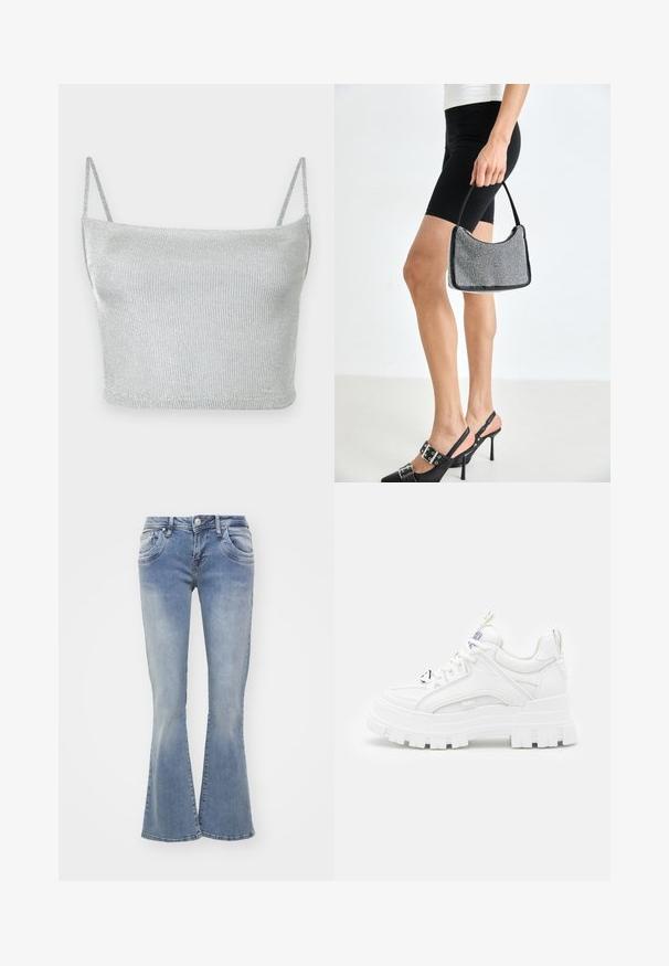 Zilverkleurige metallic gebreide crop top met dunne verstelbare bandjes. Strak model en gladde textuur. Geen patronen of zichtbare hardware details.; Blauwe flared jeans van denim, met een lichte was, vijf zakken en een knoopsluiting. De pijpen zijn wijd aan de onderkant.; Witte chunky sneakers met een textuur bovenkant, gevoerde kraag en dikke, gegroefde zool. Voorzien van contrasterende zwarte veters en merkaanduiding.; Zwarte beaded handtas met een gebogen silhouet, draaghandvat en glanzende textuur. Draagt bij hoge zwarte hakken en strakke zwarte shorts.