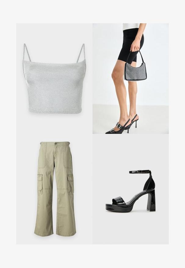 Strieborný metalický pletený crop top s tenkými nastaviteľnými ramienkami. Priliehavý strih a hladká textúra. Žiadne vzory ani viditeľné kovové detaily.; Khaki cargo nohavice s uvoľneným strihom, ktoré majú dve bočné vrecká, predné zapínanie na gombík a široké nohavice. Bavlnená tkanina s hladkou textúrou.; Buffalo ALICE NEAT - Sandále na vysokom opätku - black; Čierna korálková kabelka s zakriveným siluetom, nosnou rukoväťou a lesklou textúrou. Nosená s vysokými čiernymi topánkami na opätku a priliehavými čiernymi šortkami.