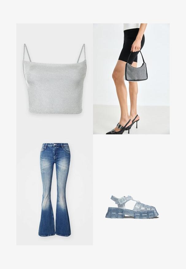 Crop top court en maille métallique argentée avec fines bretelles ajustables. Coupe ajustée et texture lisse. Aucun motif ni détail métallique visible.; Jean flare bleu en denim avec un lavage délavé. Les caractéristiques comprennent une taille cintrée, une conception à cinq poches et un léger effet vieilli au niveau des ourlets.; Sandale en gelée transparente avec semelle épaisse texturée et bride ajustable à boucle, présentant des paillettes à travers le matériau transparent.; Sac à main à perles noires avec une silhouette courbée, une poignée de transport et une texture brillante. Porté avec des chaussures à talons hauts noires et un short noir ajusté.