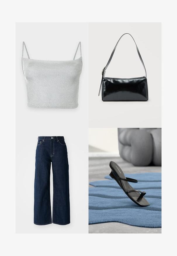 Strieborný metalický pletený crop top s tenkými nastaviteľnými ramienkami. Priliehavý strih a hladká textúra. Žiadne vzory ani viditeľné kovové detaily.; Široké tmavomodré džínsy so kontrastným prešívaním, dizajnom s piatimi vreckami a zapínaním na gombík v páse.; Čierna sandála s remienkami a slučkou na prst vystavená na modrom textúrovanom koberci, so veľkým sivým dekoratívnym objektom rozmazaným v pozadí.; Čierna obdĺžniková kabelka na rameno s jedným nastaviteľným remienkom a horným zipsom na jednofarebnom pozadí.