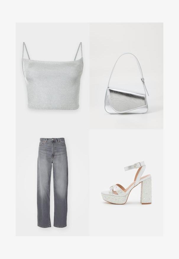 Silbernes, metallisch glänzendes, gestricktes Crop-Top mit dünnen, verstellbaren Trägern. Enganliegendes Design und glatte Textur. Keine Muster oder sichtbare Verzierungen.; Weekday RAIL MID LOOSE STRAIGHT - Jeans Straight Leg - misty grey; Weiße Plattform-Sandaletten mit metallischem Finish, ausgestattet mit zwei überkreuzten Riemen, einem Knöchelriemen und einem Blockabsatz, der mit funkelnden Edelsteinen verziert ist.; Silberfarbene metallische Handtasche mit dreieckiger Form, glatter Textur und einem dünnen, verstellbaren Schultergurt. Sie verfügt über ein umklappbares Design mit Nähten.