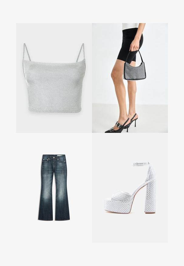 Zilverkleurige metallic gebreide crop top met dunne verstelbare bandjes. Strak model en gladde textuur. Geen patronen of zichtbare hardware details.; Donkerblauwe bootcut jeans met vervaagde gebieden op de dijen en knieën, ontwerp met vijf zakken en metalen knoopsluiting.; Zilveren platform sandalen met hoge hak en gestikte versieringen, een brede blokhak, enkelriem en een gladde, glanzende textuur.; Zwarte beaded handtas met een gebogen silhouet, draaghandvat en glanzende textuur. Draagt bij hoge zwarte hakken en strakke zwarte shorts.