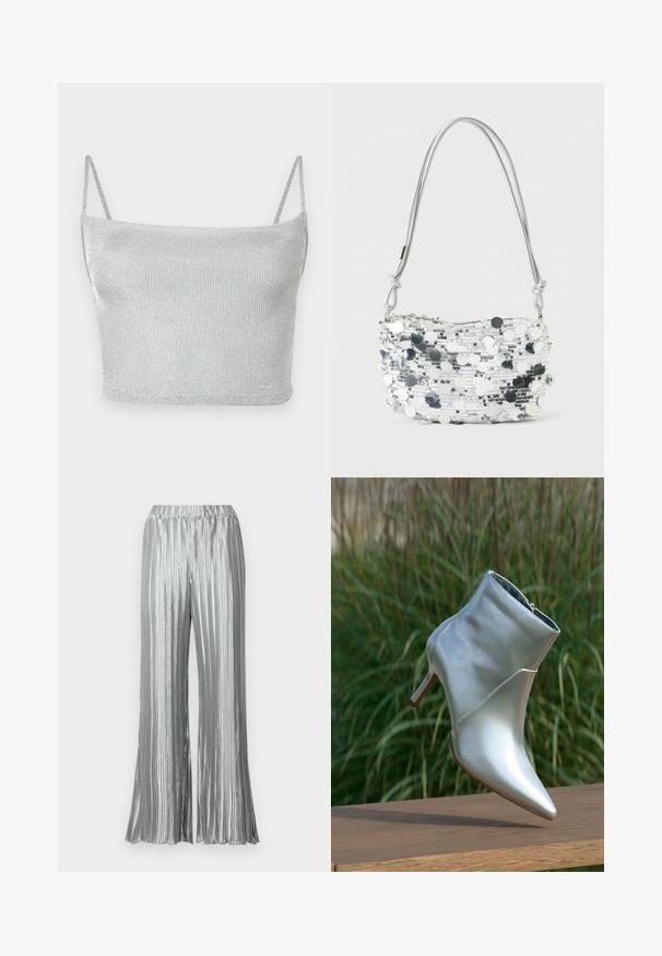 Crop top court en maille métallique argentée avec fines bretelles ajustables. Coupe ajustée et texture lisse. Aucun motif ni détail métallique visible.; Pantalon large plissé argenté avec une taille élastique, présentant une brillance métallique et une silhouette fluide. Surface texturée partout.; Botte de cheville argentée brillante à talons hauts avec un bout pointu et une fermeture éclair, posée sur une surface en bois devant un arrière-plan de gazon vert.; Sac à main en sequins argentés de forme arrondie, avec une fermeture éclair et une fine bandoulière métallique. Présente des accents circulaires réfléchissants et une surface texturée.