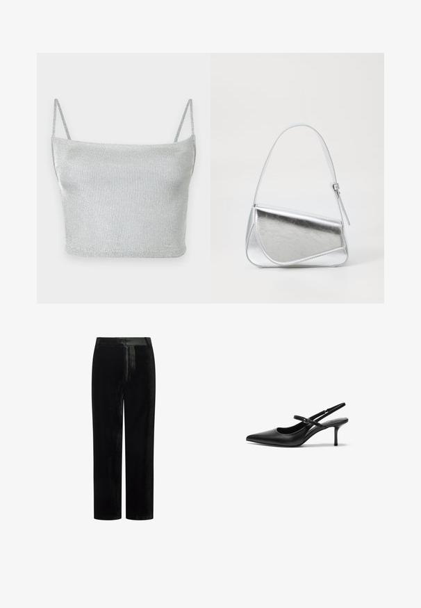 Silbernes, metallisch glänzendes, gestricktes Crop-Top mit dünnen, verstellbaren Trägern. Enganliegendes Design und glatte Textur. Keine Muster oder sichtbare Verzierungen.; Schwarze Samthosen mit geradem Schnitt, ausgestattet mit einem flachen Bund und glatter Textur, geeignet für formelle oder legere Anlässe.; Schwarze Leder Slingback-Absätze mit einer spitzen Zehenform, schmalem verstellbarem Riemen und einem etwa 5 cm hohen Stiletto-Absatz, glatte Textur.; Silberfarbene metallische Handtasche mit dreieckiger Form, glatter Textur und einem dünnen, verstellbaren Schultergurt. Sie verfügt über ein umklappbares Design mit Nähten.