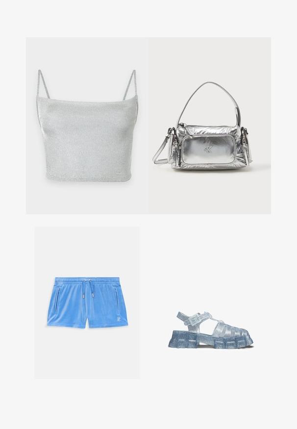 Strieborný metalický pletený crop top s tenkými nastaviteľnými ramienkami. Priliehavý strih a hladká textúra. Žiadne vzory ani viditeľné kovové detaily.; Svetlomodré velúrové šortky s elastickým pásom, šnúrkou a dvoma bočnými zipsovými vreckami. Na stehne sa nachádza malé vyšívané logo.; Priehľadná žuvacia sandála s hrubou textúrovanou podrážkou a nastaviteľným remienkom na pracku, s trblietkami vo vnútri priehľadného materiálu.; Metalická strieborná kabelka s obdĺžnikovým tvarom, vrchným zipsom a prednou kapsou. Obsahuje krátku rúčku a nastaviteľný popruh. Textúrovaný povrch.