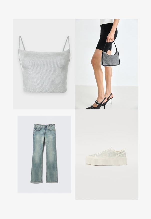 Crop top court en maille métallique argentée avec fines bretelles ajustables. Coupe ajustée et texture lisse. Aucun motif ni détail métallique visible.; Jean évasé en denim bleu clair avec des zones délavées, une braguette zippée, cinq poches et des détails de couture contrastants. Texture douce et longueur complète.; Baskets plateformes blanches avec une tige texturée featuring des accents irisés et une semelle épaisse à nervures. Lacets et une languette à l'arrière.; Sac à main à perles noires avec une silhouette courbée, une poignée de transport et une texture brillante. Porté avec des chaussures à talons hauts noires et un short noir ajusté.