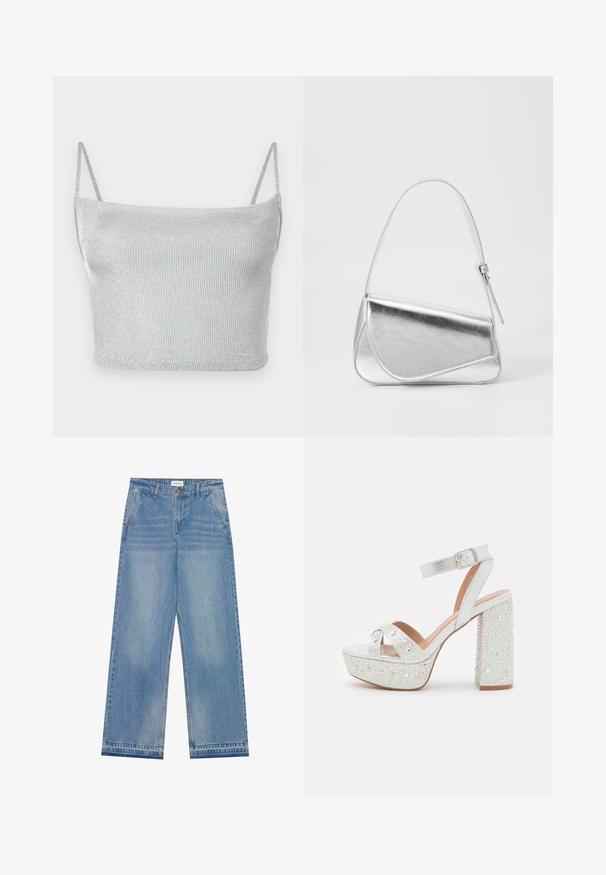 Zilverkleurige metallic gebreide crop top met dunne verstelbare bandjes. Strak model en gladde textuur. Geen patronen of zichtbare hardware details.; Lichtblauwe hoge taille wijde jeans met een knoopsluiting, voorzakken, riemlussen en subtiele vervaagde details.; Witte plateausandalen met een metallic afwerking, voorzien van twee gekruiste banden, een enkelband en een blokhak versierd met fonkelende edelstenen.; Zilveren metalen handtas met een driehoekige vorm, gladde textuur en een dunne, verstelbare schouderriem. Kenmerkt zich door een omklapbaar ontwerp met stiksels.