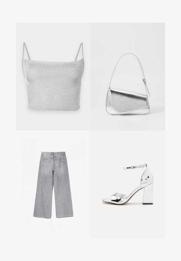 Sølvmetallic strikket cropped top med tynde justerbare stropper. Tætsiddende design og glat tekstur. Ingen mønstre eller synlige hardware-detaljer.; Grå brede jeans med høj talje, der har en glat tekstur, to baglommer og subtile syninger.; Sølv højhælede sandaler med blokhæle, åben tå og ankelrem. Har en blank lakfinish og en polstret sål.; Sølvmetallic håndtaske med en trekantet form, glat overflade og en tynd, justerbar skulderrem. Har et fold-over design med syninger.