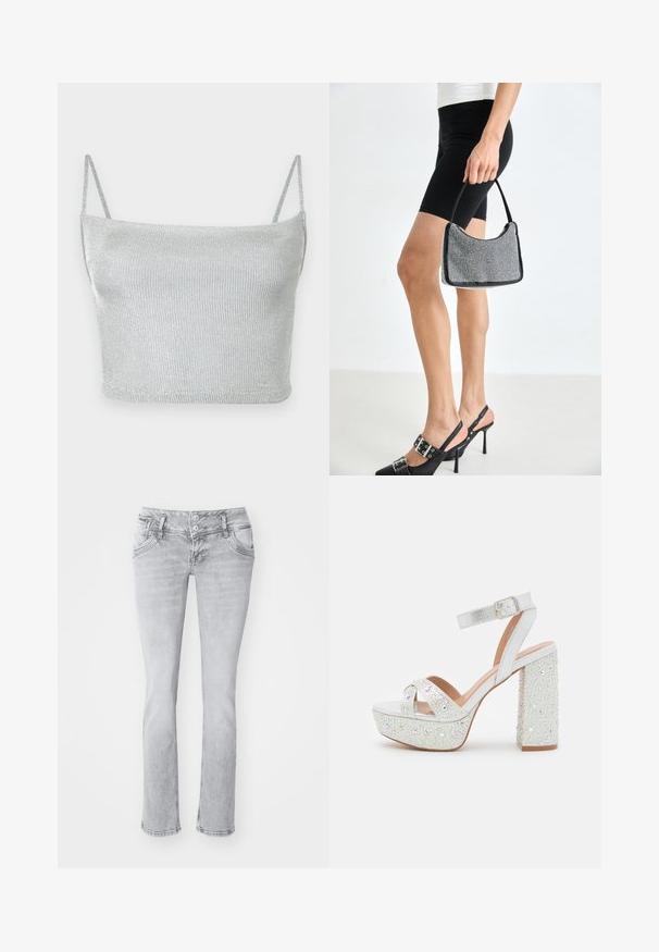 Top corto de punto metálico plateado con tirantes delgados ajustables. Diseño entallado y textura suave. Sin patrones ni detalles visibles de herrajes.; Vaqueros de denim gris con un corte ajustado, que cuentan con cierre de dos botones, bolsillos delanteros y un dobladillo ligeramente deshilachado. Textura suave, diseño de pierna recta.; Sandalias de plataforma blancas con un acabado metálico, que presentan dos correas cruzadas, una correa en el tobillo y un tacón cuadrado adornado con gemas brillantes.; Bolso de cuentas negras con una silueta curva, asa de transporte y textura brillante. Llevado con zapatos de tacón altos negros y pantalones cortos negros ajustados.