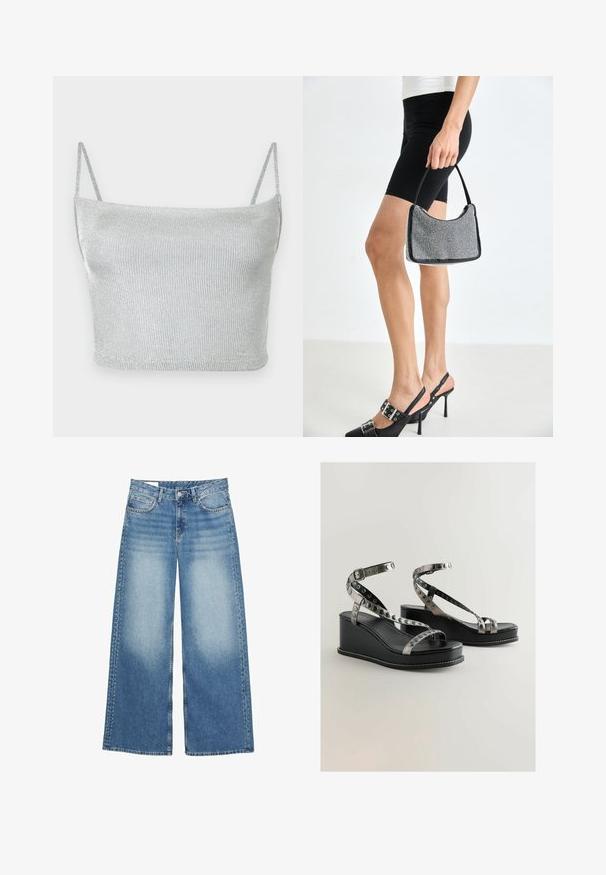 Silbernes, metallisch glänzendes, gestricktes Crop-Top mit dünnen, verstellbaren Trägern. Enganliegendes Design und glatte Textur. Keine Muster oder sichtbare Verzierungen.; Helle blaue weit geschnittene Jeans aus Denim. Verfügt über einen hohen Bund, frontale Taschen und dekorative Nieten entlang der äußeren Nähte.; Schwarze Wedge-Sandalen mit metallischen Riemenakzenten und kreisförmigen Ausschnitten. Glattes Lederfinish mit weißen Nähten.; Schwarze Perlen-Handtasche mit geschwungener Silhouette, Tragegriff und glänzender Textur. Kombiniert mit schwarzen High Heels und enganliegenden schwarzen Shorts.