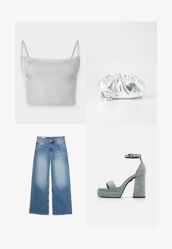 Strieborný metalický pletený crop top s tenkými nastaviteľnými ramienkami. Priliehavý strih a hladká textúra. Žiadne vzory ani viditeľné kovové detaily.; Svetlo modré široké džínsy vyrobené z denimu. Obsahujú vysoký pás, predné vrecká a dekoračné nitovanie pozdĺž vonkajších švov.; Džinsové platformové sandále s hrubým blokovým podpätkom, otvorenou špičkou a remienkom okolo členku s kovovou prackou. Svetlomodré s jemnou textúrou.; Metalická strieborná kabelka na rameno s mäkkým, zbieraným telom a tenkým ramenným popruhom. Má hladký, lesklý povrch a okrúhly tvar.