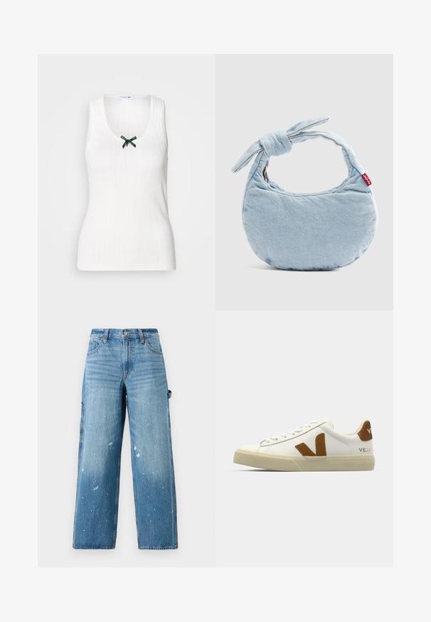 Weißes ärmelloses Tanktop mit gerippter Textur, einem V-Ausschnitt und einem grünen Schleifenakzent an der Vorderseite. Enthält dezente Markenkennzeichnung.; Hellblaue Denim-Cargo-Jeans mit weitem Bein, ausgewaschenen Bereichen und Farbspritzern. Mit Seitentaschen und Knopfleiste.; Weiße Leder-Sneaker mit einer strukturierten beigen Sohle, braunen Wildleder-Logoakzenten und flachen Schnürsenkeln. Minimalistisches Design mit einer markierten Fersendetails.; Hellblaue Jeans-Schultertasche mit Knoten-Detail am Griff und einem kleinen roten Levi's-Tag an der Seite.