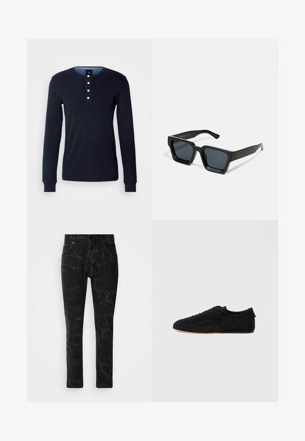 Mørkeblå langærmet skjorte lavet af bomuld, med en henley-udskæring og fem hvide knapper samt ribbede manchetter. Blød tekstur og tætsiddende design.; Sorte denim jeans med et marmor mønster, lige ben design, fem-lomme stil og en knaplukning i taljen.; Sort ruskind lavtop sneaker med snørelukning foran og beige sål, vist fra ydersiden på en lysegrå baggrund.; Sorte rektangulære solbriller med mørke linser. Tyk, glat plastikramme med let blank finish og lige stænger.