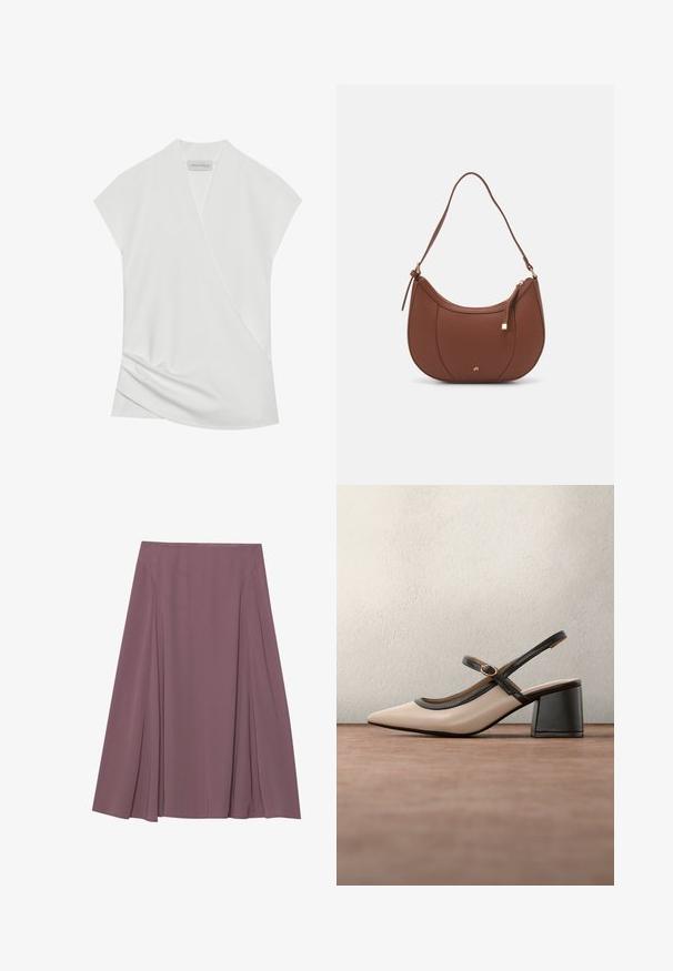 Blouse blanche à manches courtes avec un design drapé, présentant un léger tombé à l'ourlet et une texture lisse et douce. L'étiquette indique "ANNA FIELD."; Une jupe longueur genou dans une couleur mauve atténuée, fabriquée en tissu léger avec un design plissé et une texture lisse. Aucun fermoir visible.; Chaussure beige à talons hauts avec bride arrière, bout pointu, bordure noire et détail boucle. Matériau lisse à finition mate, talon moyen épais.; Sac à épaule en faux cuir brun, de forme arrondie, avec des coutures minimales et un accent en matériel doré. Il possède une fermeture zippée sur le dessus et une sangle réglable.
