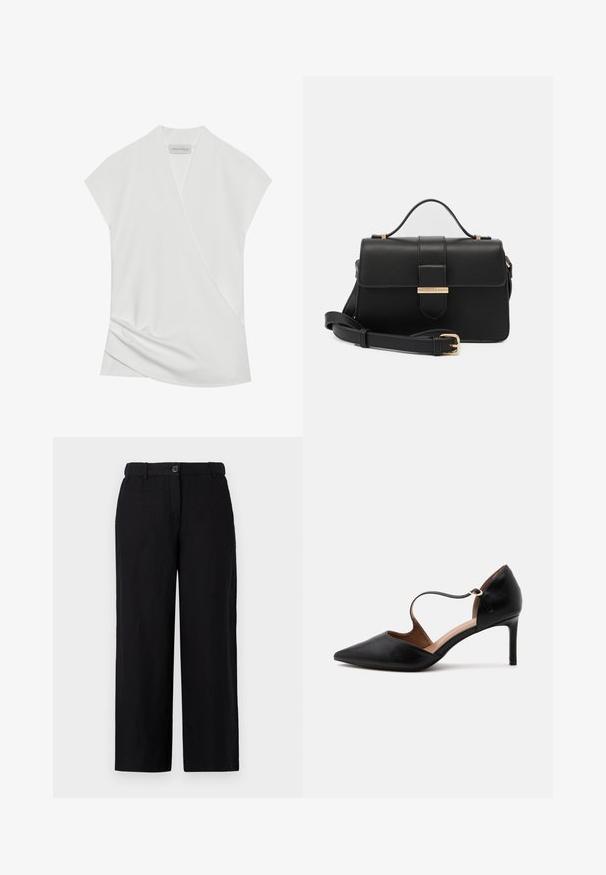 Blusa blanca de manga corta con un diseño cruzado, que presenta un sutil drapeado en el dobladillo y una textura suave y ligera. La etiqueta dice "ANNA FIELD."; Pantalones de pierna ancha negros, hechos de una tela ligera, con cierre de botón en la parte frontal y trabillas para cinturón. Textura suave sin patrones visibles.; Zapato de tacón alto de cuero negro con punta afilada, una delgada correa en el tobillo y tacón stiletto de altura media sobre un fondo blanco.; Bolso de mano de cuero negro con acentos metálicos dorados, forma rectangular, cierre con solapa, correa de hombro ajustable, textura suave, diseño minimalista.