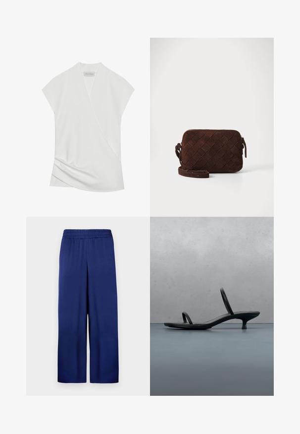 Hvid kortærmet bluse med indviklet design, der har diskret drapering ved kanten og en glat, blød tekstur. Mærket siger "ANNA FIELD."; Marineblå buks med bred ben, med elastisk talje, lavet af glat stof, der har et enkelt og funktionelt design uden synlige mønstre.; Sort Calvin Klein sandal med hæl og tynde stropper, balancerende på træfliser udendørs nær en væg og grønne planter.; Brun ruskind crossbody taske med et vævet design, lynlåslukning og en justerbar rem. Har en slank, rektangulær form.