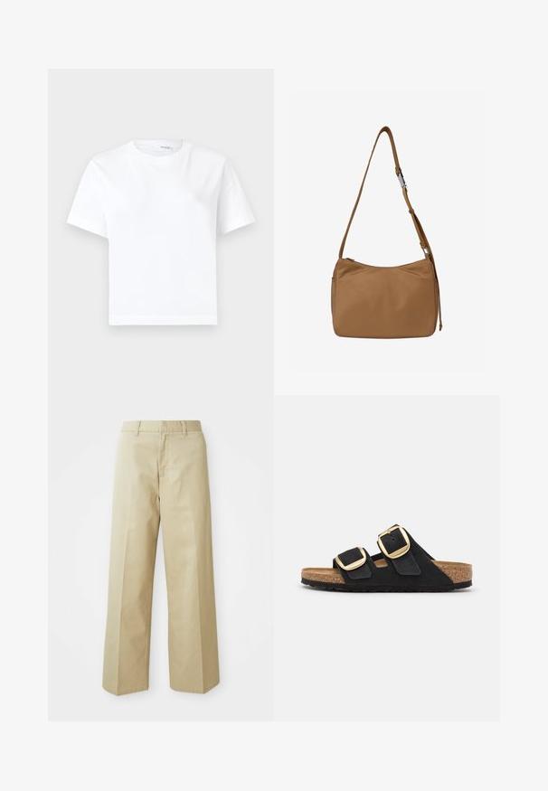 Einfaches weißes kurzärmeliges Baumwoll-T-Shirt mit rundem Ausschnitt und geradem Saum, dargestellt auf weißem Hintergrund.; Beige weite Hose aus Baumwolle mit glatter Textur. Verfügt über einen geraden Schnitt, Gürtelschlaufen und Fronttaschen.; Schwarze Wildleder-Sandalen mit zwei breiten Riemen, die jeweils eine große goldene Schnalle haben, sowie einer natürlichen Korkfußbett und einer strukturierten Gummisohle.; Handtasche aus braunem Leder mit glatter Textur, verstellbarem Schulterriemen und Reißverschluss oben. Verfügt über ein minimalistisches Design und dezente Nähte.