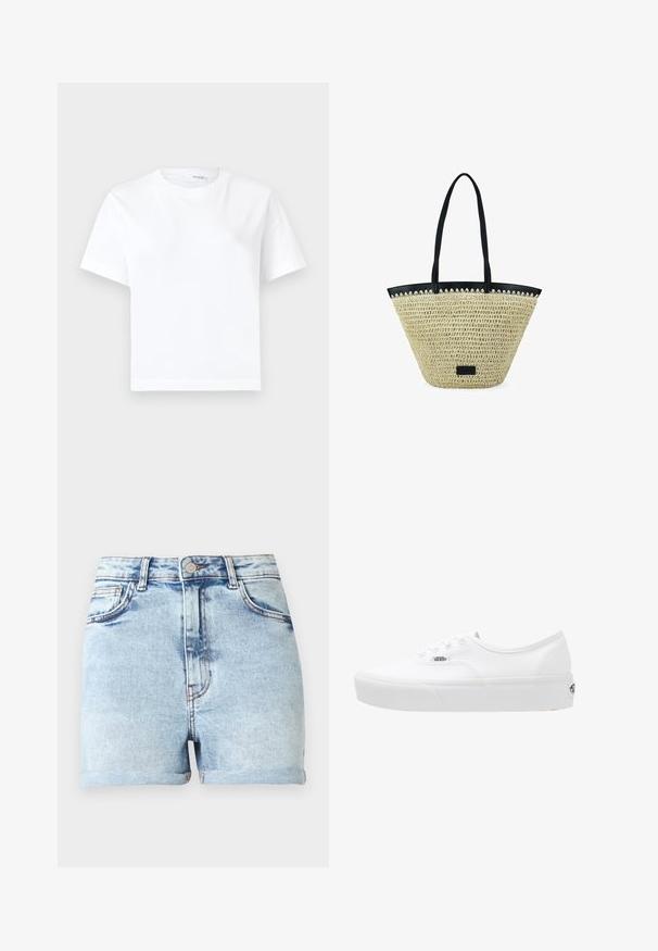 Camiseta blanca lisa de algodón de manga corta con cuello redondo y dobladillo recto, mostrada sobre un fondo blanco.; Pantalones cortos de mezclilla azul claro con cintura alta, cinco bolsillos y dobladillos enrollados. Presenta un sutil desvanecimiento y herrajes en tono cobre.; Vans UA AUTHENTIC PLATFORM 2.0 - Zapatillas skate - true white; Bolso tote tejido de paja beige con ribete negro y asas largas negras, con un pequeño parche rectangular negro en la parte delantera.