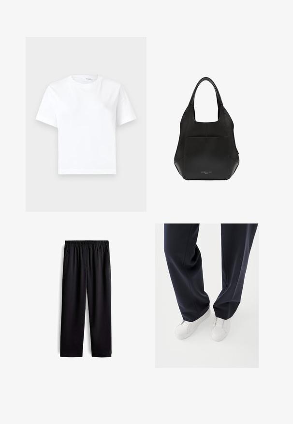 Effen witte katoenen T-shirt met korte mouwen, ronde hals en rechte zoom, getoond op een witte achtergrond.; Zwarte op maat gemaakte broek met een elastische tailleband, zijzakken, rechte pijpen, een gladde stofstructuur en zonder zichtbare patronen of accenten.; Witte sneakers met gestructureerde rubberen zolen en platte veters, gecombineerd met donkerblauwe broeken die een losse, soepele stof en een getailleerde pasvorm laten zien.; Zwarte leren tote bag met een nonchalante uitstraling, voorzien van een grote voorkantzak en korte handvatten, geaccentueerd met een reliëflogo detail aan de onderkant.