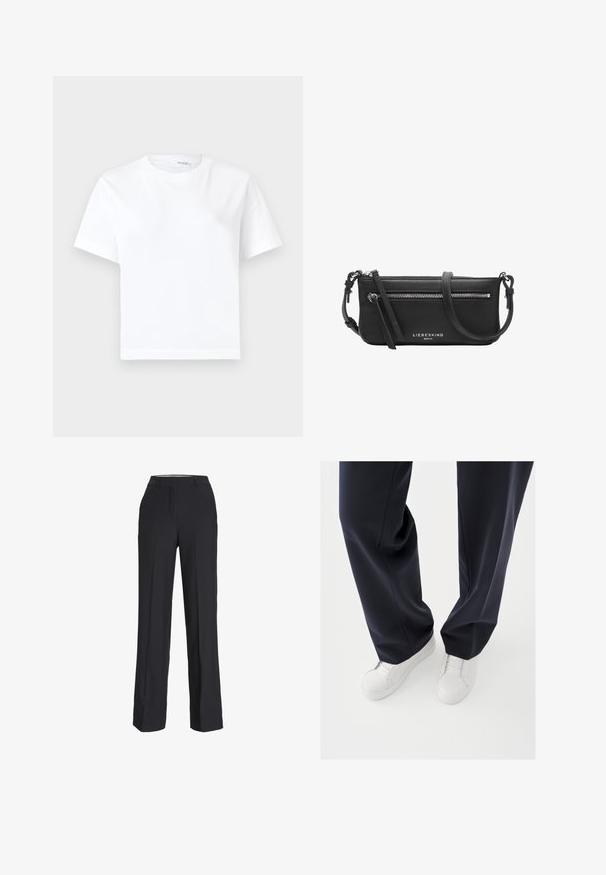 Camiseta blanca lisa de algodón de manga corta con cuello redondo y dobladillo recto, mostrada sobre un fondo blanco.; Pantalones negros de cintura alta con corte recto. Fabricados en una tela suave, con pliegues delanteros y bolsillos laterales.; Zapatillas blancas con suelas de goma texturizadas y cordones planos, combinadas con pantalones azul marino oscuro que muestran una tela suelta, suave y un corte a medida.; Bolso bandolera de cuero negro con bolsillo frontal con cremallera, correa ajustable y logotipo plateado "Liebeskind Berlin".