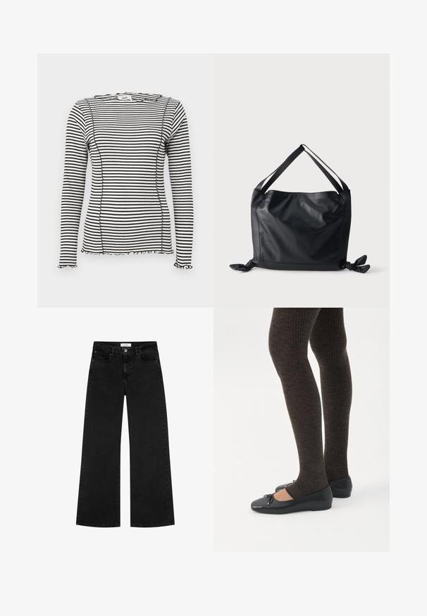 Langærmet top med sorte og hvide striber, der har en ribbet tekstur, bakkede kanter og kontrastsyninger langs sømmene.; Sorte høj talje vidde jeans med for- og møntlommer, knaplukning og bæltestropper.; Ben iført mørke ribbede leggings kombineret med sorte balletsko med små sløjfedetaljer på hvid baggrund.; Sort læder skuldertaske med brede stropper og knudede detaljer i hvert nederste hjørne mod en ensartet lys baggrund.