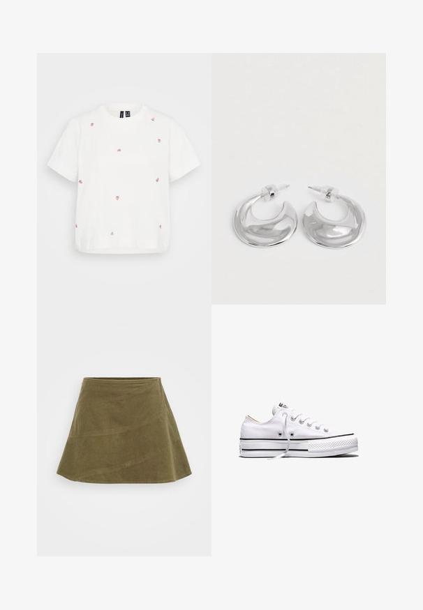 Witte katoenen t-shirt met korte mouwen, versierd met meerdere geborduurde kleine aardbeien in roze en groen. Ontspannen pasvorm, ronde hals.; Olijfgroene corduroy rok, A-lijn vorm, textiel met textuur, heeft een gladde tailleband en naaddetails.; Witte lage canvas sneaker met witte veters, zwarte strepen op de zool en een rubberen, getextureerde neuskap, zijaanzicht op een witte achtergrond.; Een paar gepolijste zilveren halve maanvormige creolen met heldere plastic achterkanten op een witte ondergrond.