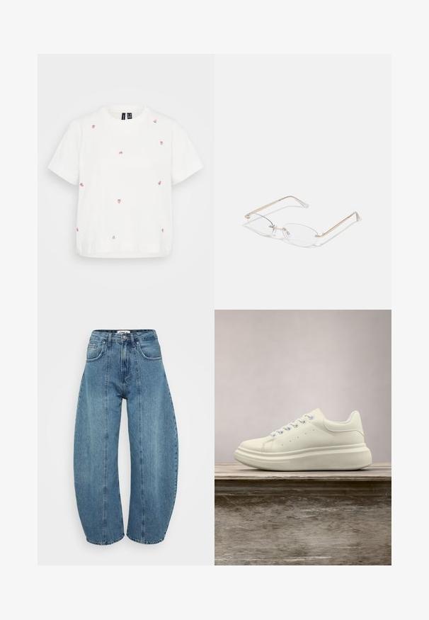 Camiseta de algodón blanca con mangas cortas, adornada con múltiples fresitas bordadas en rosa y verde. Corte relajado, cuello redondo.; Vaqueros de tiro alto en azul claro, fabricados en denim, con corte de pata ancha, cinco bolsillos y detalles de costura. Textura suave con un acabado limpio.; Zapatilla deportiva de cuero blanco con puntera redonda, textura lisa y cordones en contraste. Cuenta con orificios de ventilación y una suela de goma gruesa para mayor comodidad.; Gafas de metal dorado con lentes ovalados, brazos delgados y almohadillas nasales transparentes. Presentan sutiles acentos en las bisagras y lentes transparentes.