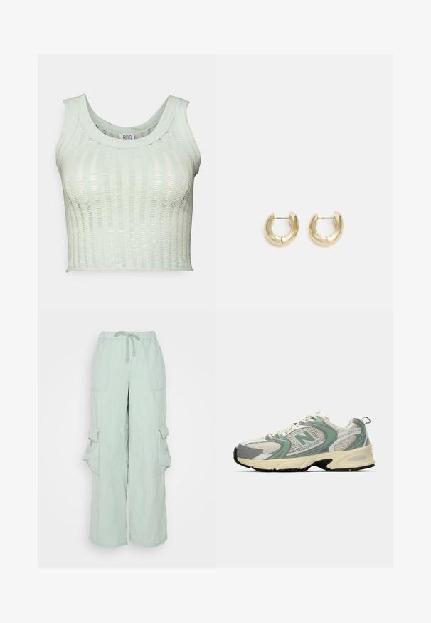 BDG Urban Outfitters BDG LADDER TANK - Débardeur - mint as sample; BDG Urban Outfitters LUCA CARGO - Pantalon classique - turquoise; Baskets de sport New Balance blanches et vert clair en tissu en maille, avec une semelle beige et un semelle noire, présentées de côté sur un fond uni.; Boucles d'oreilles en or avec une finition lisse et polie. Doté d'une forme en demi-cercle et d'une fermeture à tige sécurisée.