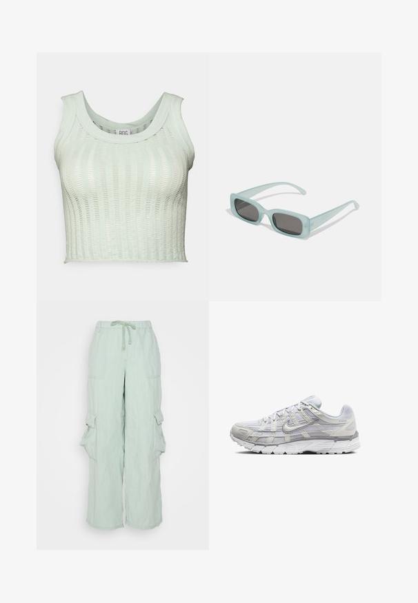 BDG Urban Outfitters BDG LADDER TANK - Top - mint as sample; BDG Urban Outfitters LUCA CARGO - Nohavice - turquoise; Svetlo šedé športové topánky s vrchom z ďalekého a syntetického materiálu, so šnurovacím uzáverom, polstrovaným golierom a štruktúrovanou podrážkou pre lepšiu priľnavosť.; Párik obdĺžnikových slnečných okuliarov s svetlomodrými priehľadnými rámami a tmavosivými sklami, s rovnými stranami a minimálnymi hardvérovými detailmi.