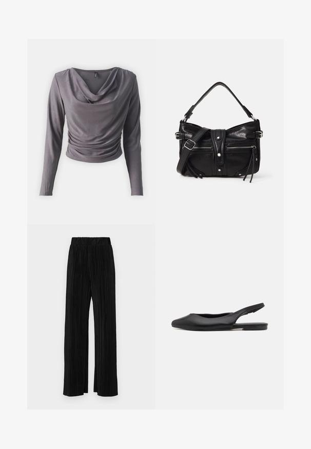 Haut à manches longues gris avec un col drapé, des détails froncés sur le côté, et une texture douce et lisse. Fabriqué en matériau léger et extensible.; Pantalons plissés noirs avec une taille élastique. Présente des jambes larges et un tissu lisse texturé avec des rayures verticales.; Chaussure à talon slingback en cuir noir avec un bout pointu, un talon plat et un design découpé incurvé. Texture lisse et style minimaliste.; Even&Odd by Zalando H24462 - Sac à main - black